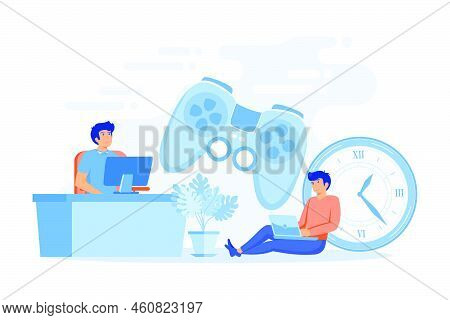 Tiny People Gamers Playing Online Video Game, Huge Joystick And Clock. Gaming Disorder, Video Gaming