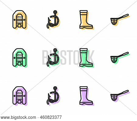 Set Line Fishing Boots, Inflatable Boat With Motor, Hook And Worm And Net Icon. Vector
