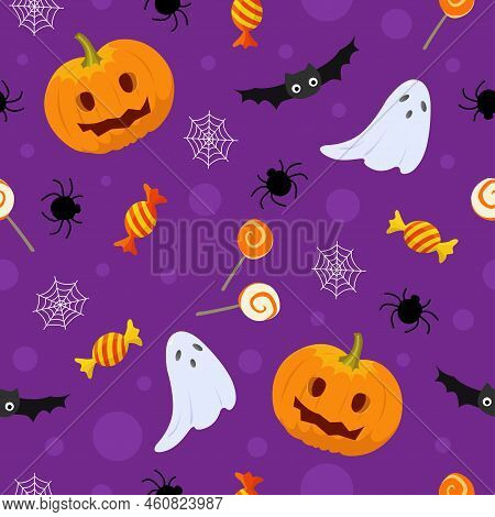 Halloween Seamless Pattern In Flat Cartoon Style. Pumpkins, Bats And Gousts. Vector Illustration