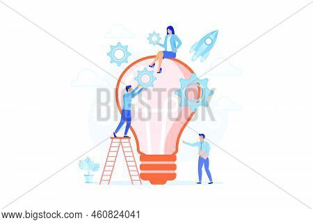 Tiny Business People Generating Ideas And Holding Gears At Big Light Bulb. Idea Management, Alternat