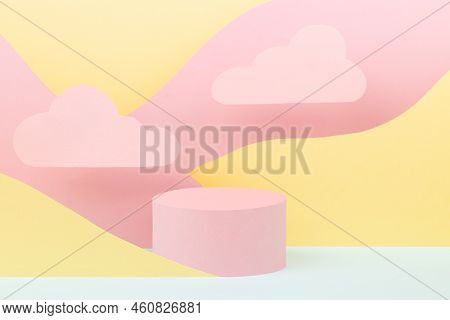 Modern Vapor Wave Style Stage Mockup - Pink Round Podium, Pastel Mountain Landscape - Pink, Yellow, 