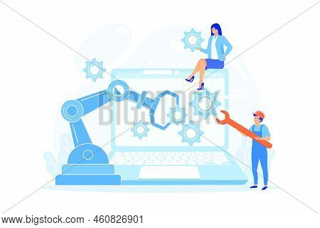 Humans And Cobot Robotic Arm Collaborate At Laptop Fixing Gears. Collaborative Robotics, Cobot Autom