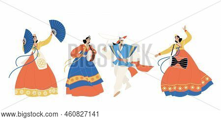 People Dance And Play Musical Instruments In Traditional Korean Clothes. Collection Of Vector Illust