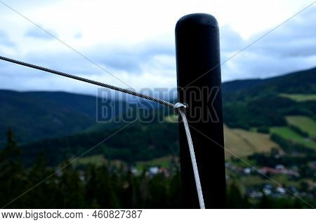 Terrace Fencing, Railings Of Metal Pipes Filled With Steel Cables Cable Mesh. Fencing Wire Stainless