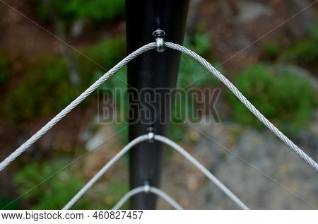 Terrace Fencing, Railings Of Metal Pipes Filled With Steel Cables Cable Mesh. Fencing Wire Stainless