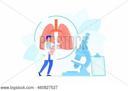 Doctor Examines Huge Lungs Desease And Microscope. Obstructive Pulmonary Disease, Chronic Bronchitis