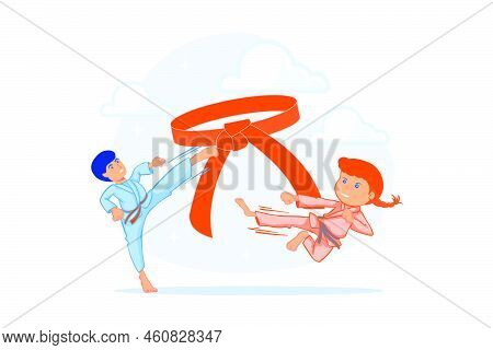Young Athletes Doing Karate Outside At Summer Camp And Big Belt, Tiny People. Karate Camp, Kids Boxi