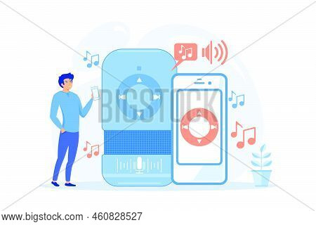User Playing Music On Smart Speaker And Mobile Phone. Music Playback And Streaming, Voice Activated 