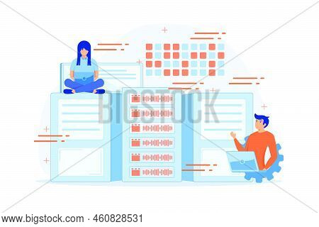 Database Analysts With Laptops Working With Data In The Center. Big Data Storage, Big Data Architect