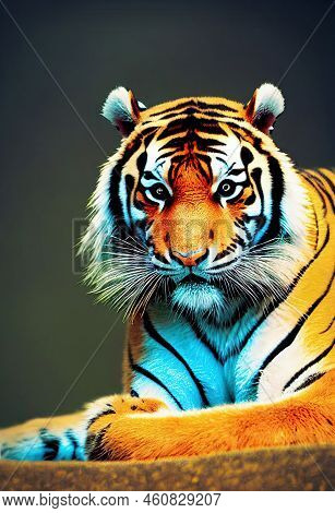 Clever And Beautiful Tiger. Cute Forest Or Domestic Animal Or Pet. Concept Art Scenery. Book Illustr