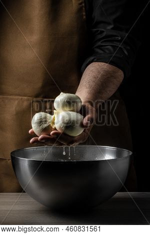 The Processing Traditional Italian Mozzarella, Cheesemaker, Showing Freshly Made Mozzarella,