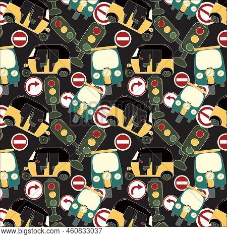 Seamless Pattern Of Black, Maximum Yellow Red, Myrtle Green Color Auto Rickshaw With Upsdell Red Col