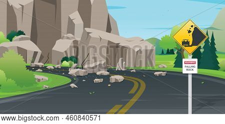 A Falling Stone Blocks The Highway With A Warning Sign.