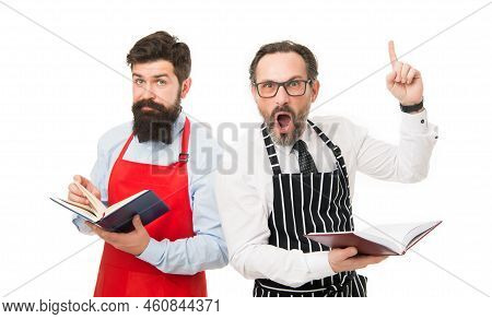 Cooking Food Recipes. How To Cook. Men Bearded Hipster Cook Apron Reading Books About Culinary. No I