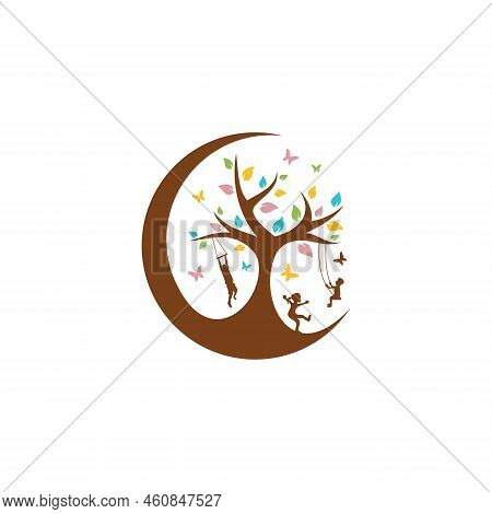 Abstract Tree With Cildren Playing And Colorful Leaf. Vector Illustration Eps.8 Eps.10