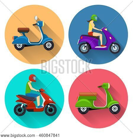 Scooter Transport Flat Icons Set. Moped Illustration, Motorcycle Side View, Bike Transportation, Mot