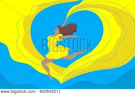 Ukrainian Woman Holding Yellow And Blue Flag Of Ukraine In The Shape Of A Heart Background. Editable