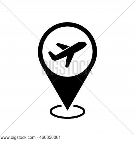 Airport Location Map Pointer, Plane Icon With Location Pin, Black Symbol Isolated On White Backgroun