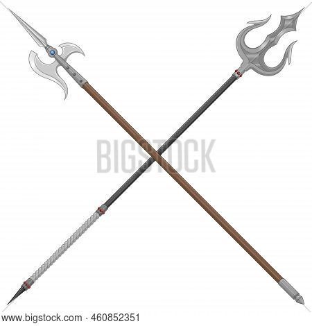 Vector Design Of Trident With Halberd, White Weapon Used In The Middle Ages