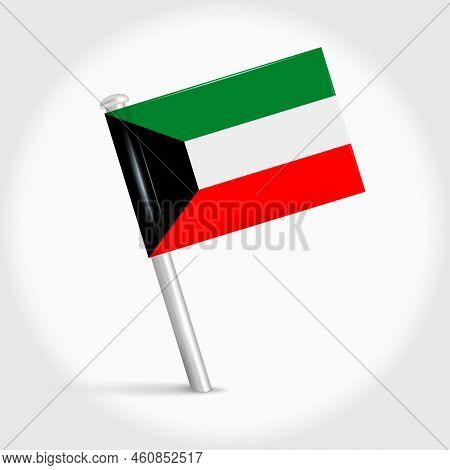 Kuwait Map Pin Flag Icon. Kuwaiti Pennant Map Marker On A Metal Needle. 3d Realistic Vector Illustra