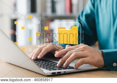 Document Management System Concept, Business Man Holding Folder And Document Icon Software, Searchin