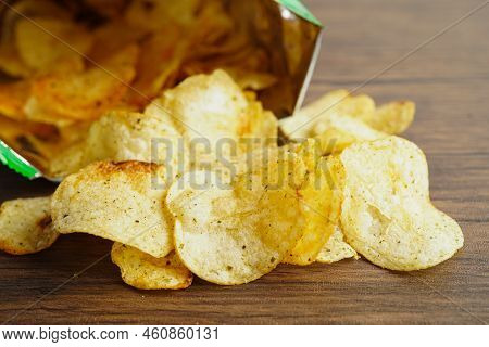 Potato Chips In Open Bag, Delicious Bbq Seasoning Spicy For Crips, Thin Slice Deep Fried Snack Fast 