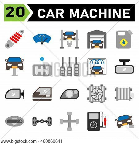 Car Machine Icon Set Include Shock Breaker, Service, Automobile, Car Part, Washer, Wiper, Windscreen