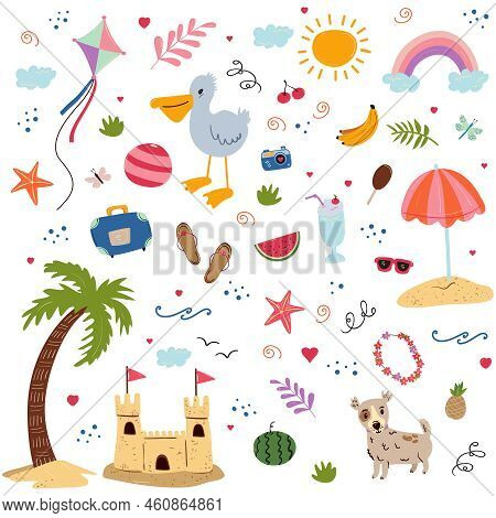 Big Bundle Set With Summer Elements. Vector Illustration