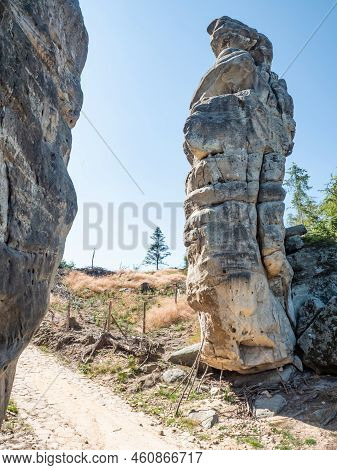Sandstone Tower At Entrance To Rocky Labirynth Ostas Table Mountain, Part Of Broumovsko Protected La