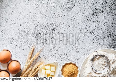 Baking Or Cooking Background Frame. Ingredients, Kitchen Items For Baking Cakes. Kitchen Utensils, F