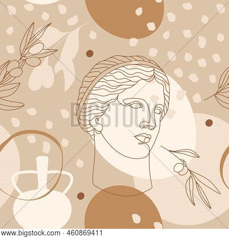 Seamless Pattern With Antique Sculpture Of Aphrodite, Abstract Terracotta Shape, Plants, Sun, Lira A