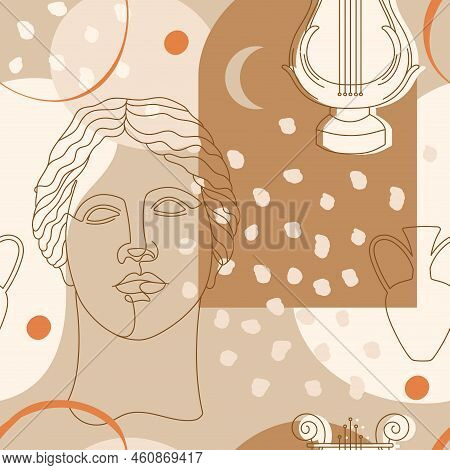 Seamless Pattern With Antique Sculpture Of Aphrodite, Abstract Terracotta Shape, Plants, Sun, Lira A