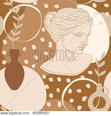 Seamless Pattern With Antique Sculpture Of Aphrodite, Abstract Terracotta Shape, Plants, Sun, Lira A