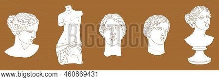 Set Of One Line Ancient Greek Goddess Statue. Aphrodite Or Venus Classical Mythological Sculptures I