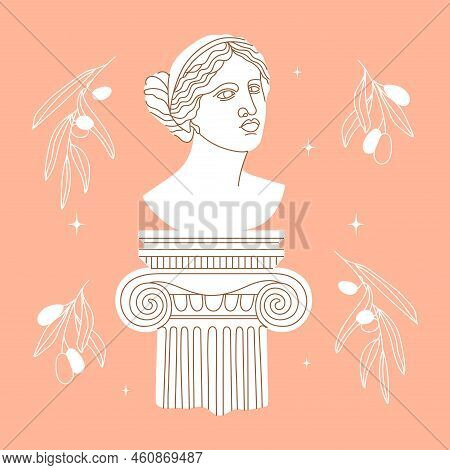 One Line Ancient Greek Goddess Statue With Olive Branches. Aphrodite Or Venus Ancient Classical Stat