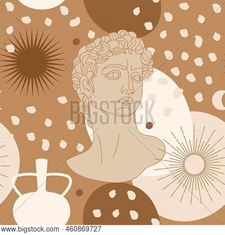 Seamless Pattern With Antique Sculpture Of Michelangelo's David Portrait, Abstract Terracotta Shape,