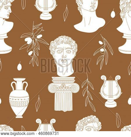 Seamless Pattern With Antique Sculpture Of Michelangelo\'s David Portrait, Abstract Terracotta Shape