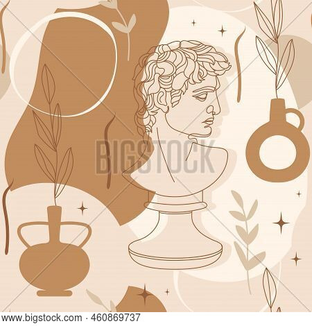 Seamless Pattern With Antique Sculpture Of Michelangelo's David Portrait, Abstract Terracotta Shape,