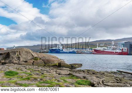 Faroe Islands. Denmark. 11 May. 2022. Ships Parked In The Bay. Europe.transport. Water Transport Lan