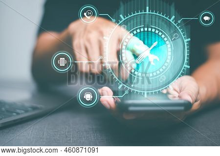 Operator Click Icon Button To Contact Helpdesk,customer Support Service Concept,call Center,business