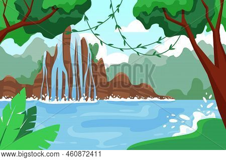 Cascade Rainforest, Jungle Waterfall, Mountain Lake. Fall Water In Forest. Fantasy Rocky Summer Land