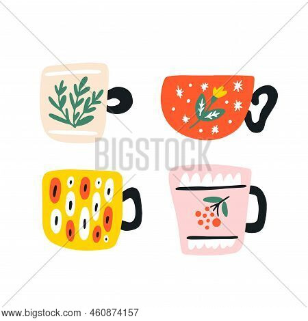 Set Of Four Colorful Coffee Cups Isolated On A White Background. Hand Drawn Flat Vector Illustration