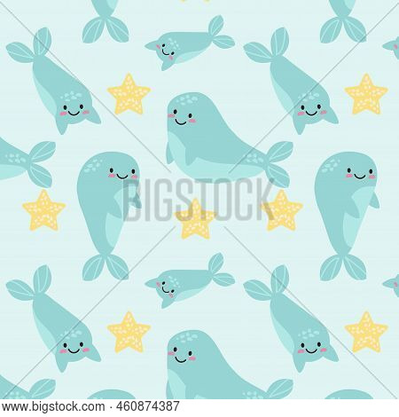 Cute Smiling Dolphins, Whales, Narwhals Seamless Pattern, Texture, Background, Wallpapers, Endless O