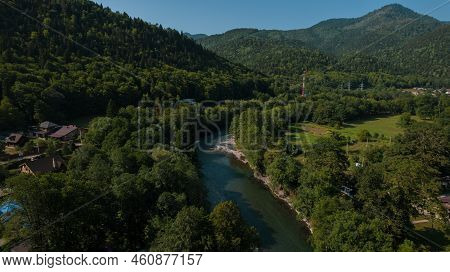 Aerial Mountain Landscape And River Natural Scenery In Russia, Adygea, Guzeripl, Plateau Lago-naki.