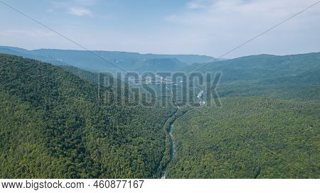 Aerial Mountain Landscape And River Natural Scenery In Russia, Adygea, Guzeripl, Plateau Lago-naki.