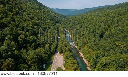 Aerial Mountain Landscape And River Natural Scenery In Russia, Adygea, Guzeripl, Plateau Lago-naki.