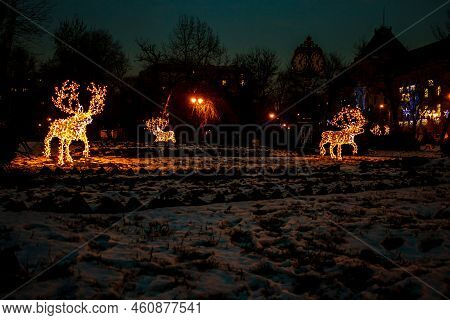 Christmas Decorations In The Gardens Of Cismigiu Park Located In Downtown Bucharest, Romania