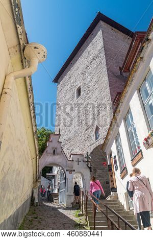 Tallinn, Estonia - June 19, 2022: Short Historic Street Luhike Jalg.