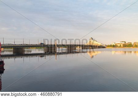 Riga, Latvia - June 20, 2022: Stone Bridge (latvian: Akmens Tilts) In The Morning.