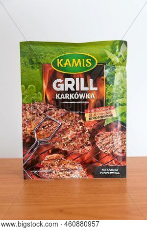 Pruszcz Gdanski, Poland - June 21, 2022: Kamis Pork Neck Seasoning On The Grill.